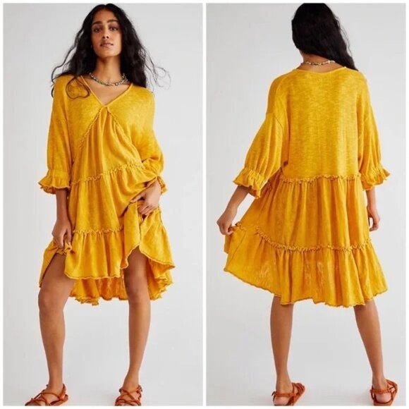 FREE PEOPLE Marykate Golden Yellow Tiered Sweater Flowy Ruffle Mini Dress - Picture 1 of 15